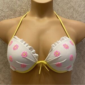 Victoria's Secret White Bikini Top with Pink Sequin Flowers and Yellow Trim
